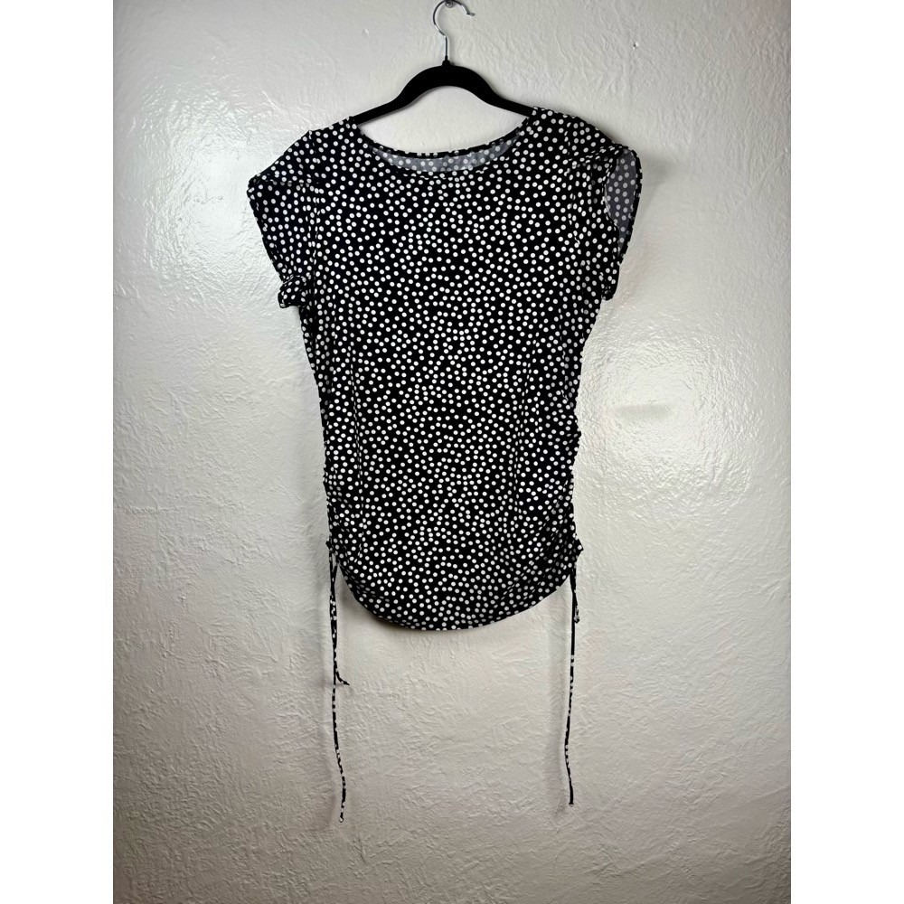 Lands' End Top Womens M Black White Polka Dot Ruched Beach Coverup Pin-up Preppy